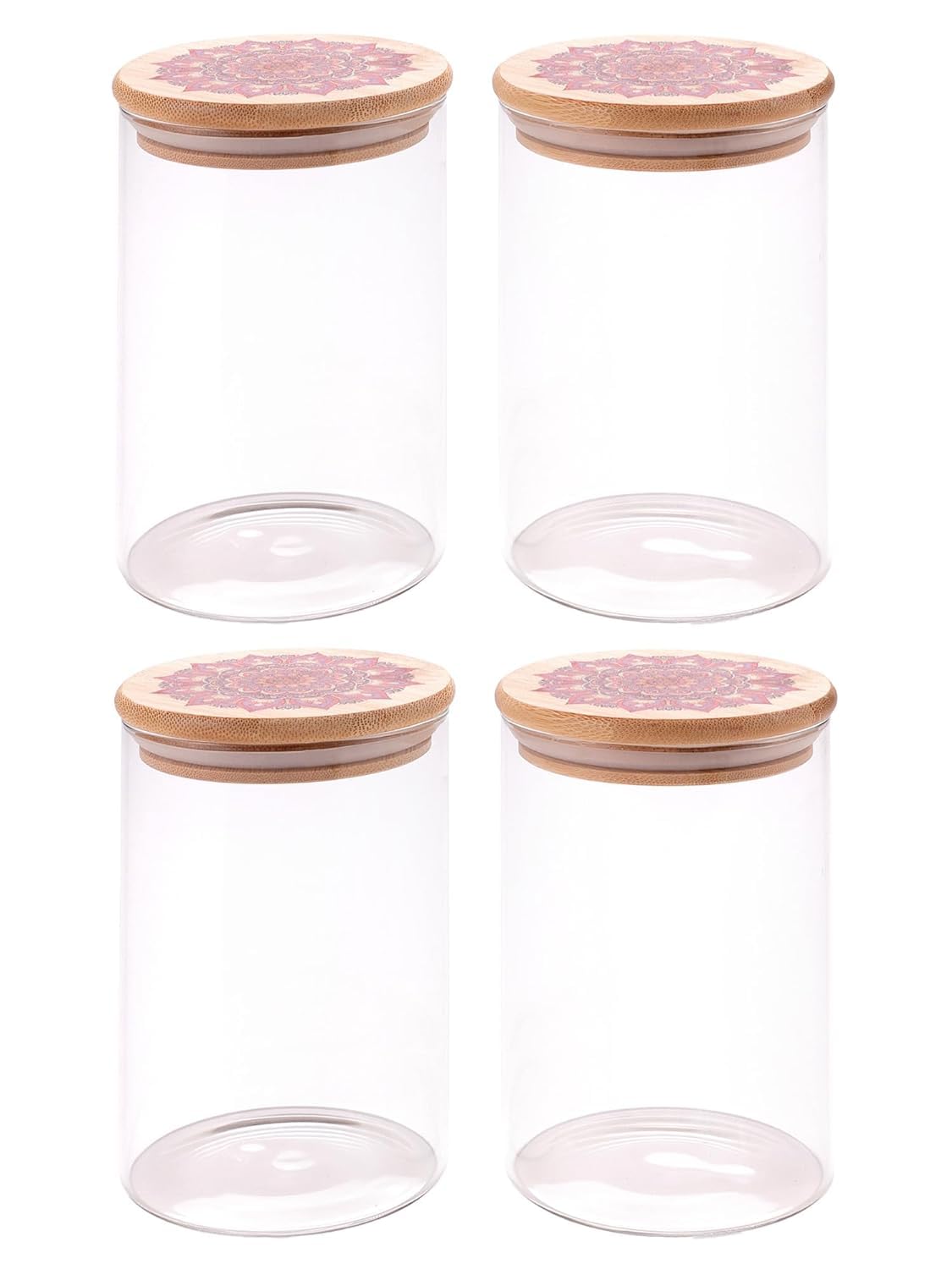 Urbane Home Borosilicate Glass Jar with Printed Bamboo Lid|Kitchen Organizer Items and Storage|Multi-utility, Leakproof, Airtight Storage Jar for Cookies,Snacks,Tea,Coffee,Sugar|Pack of 4(1000ml)