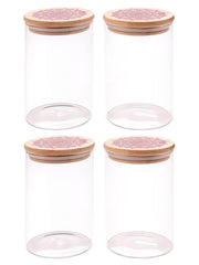 Urbane Home Borosilicate Glass Jar with Printed Bamboo Lid|Kitchen Organizer Items and Storage|Multi-utility, Leakproof, Airtight Storage Jar for Cookies,Snacks,Tea,Coffee,Sugar|Pack of 4(1000ml)