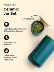 Kuber Industries 1000ml Ceramic Jar for Kitchen Storage | Air Tight Containerwith Bamboo Lid | Kitchen Container for Snacks, Tea, Sugar | Multipurpose Organizer | Teal | Pack of 2