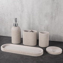 Urbane Home 5-Piece Polyresin Bathroom Accessories Set |Toothbrush Holder, Soap Dispenser, Tumbler, Tray | Accessories for Bathroom & Kitchen | Moisture-Resistant & Scratch-Proof | Khaki
