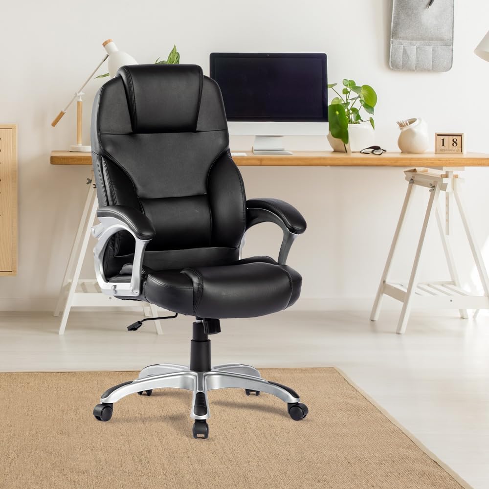 Heart Home Leather Office Chairs for Work from Home | Comes with Manual Height Adjustable, Armrest, Headrest & Lumbar Support | Comfy Study Chair for Students with Wheels | Black | SAVOC111BLK