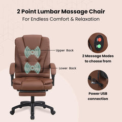 Kuber Industries Leather Office Chairs for Work From Home | Comes with Manual Height Adjustable, Armrest, Headrest & Lumbar Support | Comfy Chair for Students with Wheels & Footrest | Brown | 808M-BRN
