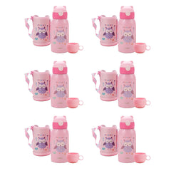 Kuber Industries Water Bottle for Kids | Owl Design Stainless Steel Flask with Straw, Cup & Fabric Cover | Food Grade Plastic Lid | Broad Fabric Strap | Leak Proof, BPA Free | 500 ml (Pack of 6)
