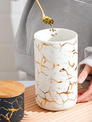 Urbane Home 1000ml Ceramic Jar for Kitchen Storage | Air Tight Container Set with Bamboo Lid | Kitchen Container for Snacks, Tea, Sugar | Multipurpose Organizer | White with print | Pack of 2