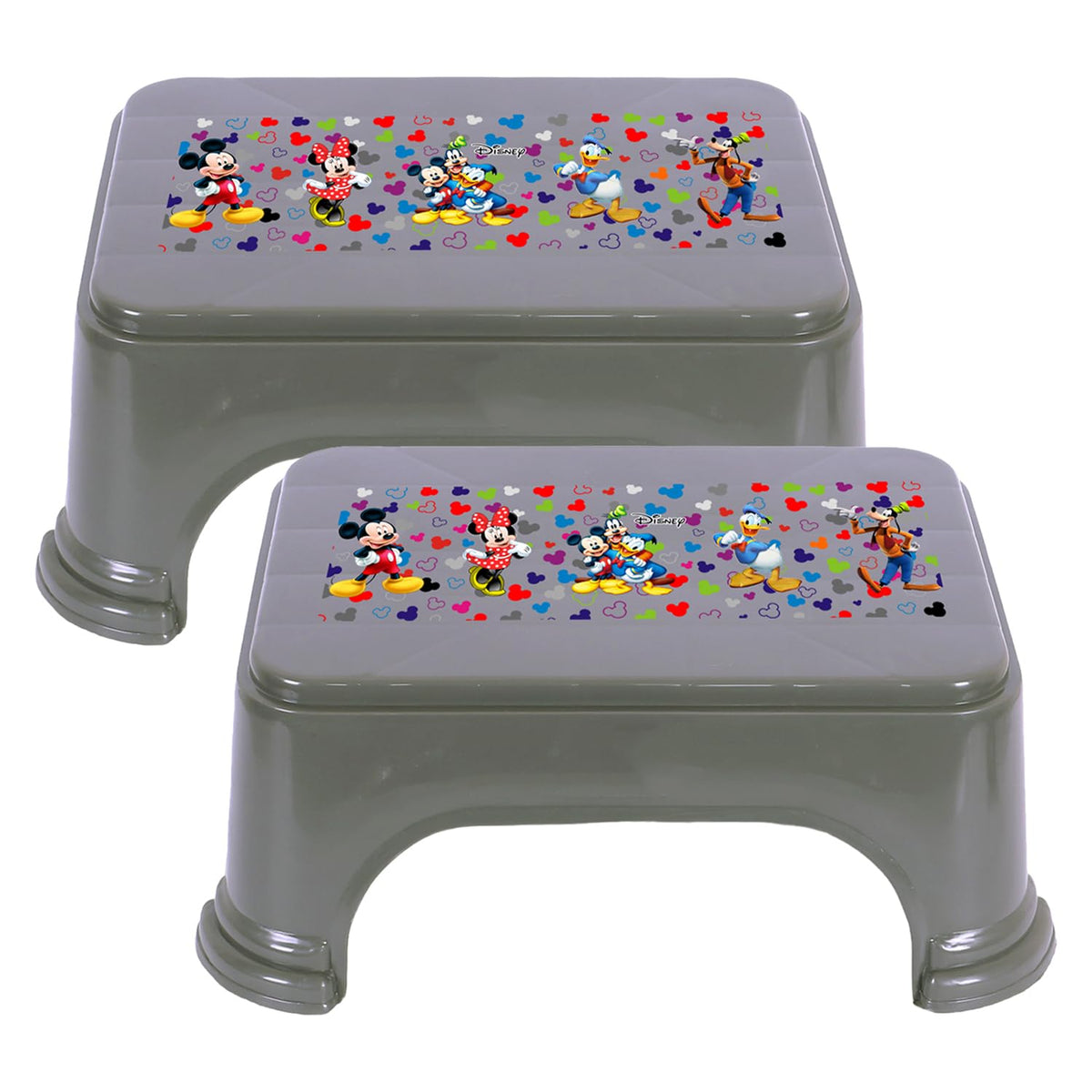 Kuber Industries Disney Team Stool | Bathroom Square Stool | Plastic Stool for Bathroom | Stool for Kitchen | Bathroom Patla | Support Stool for Bathroom | P6 | Pack of 2 | Gray