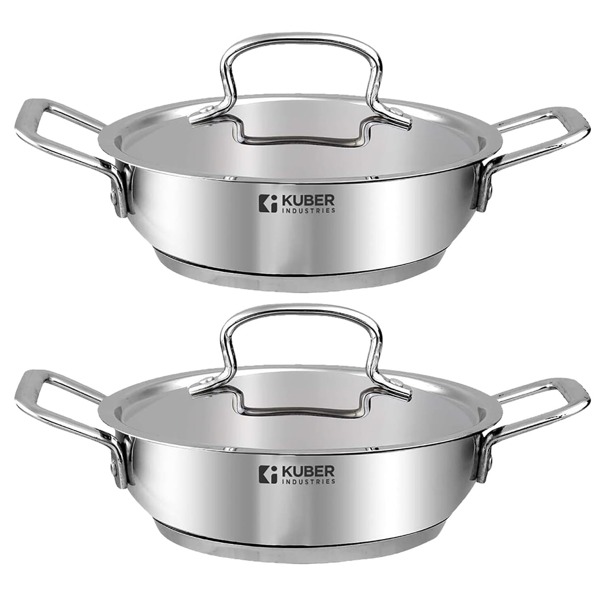 Kuber Industries Tri-ply Stainless Steel Kadhai with lid I Induction Base I 2.2 litres Capacity I 22cm Diameter I Extra Deep Frying Pan I Riveted Handles (Pack of 2)