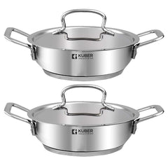 Kuber Industries Tri-ply Stainless Steel Kadhai with lid I Induction Base I 2.2 litres Capacity I 22cm Diameter I Extra Deep Frying Pan I Riveted Handles (Pack of 2)
