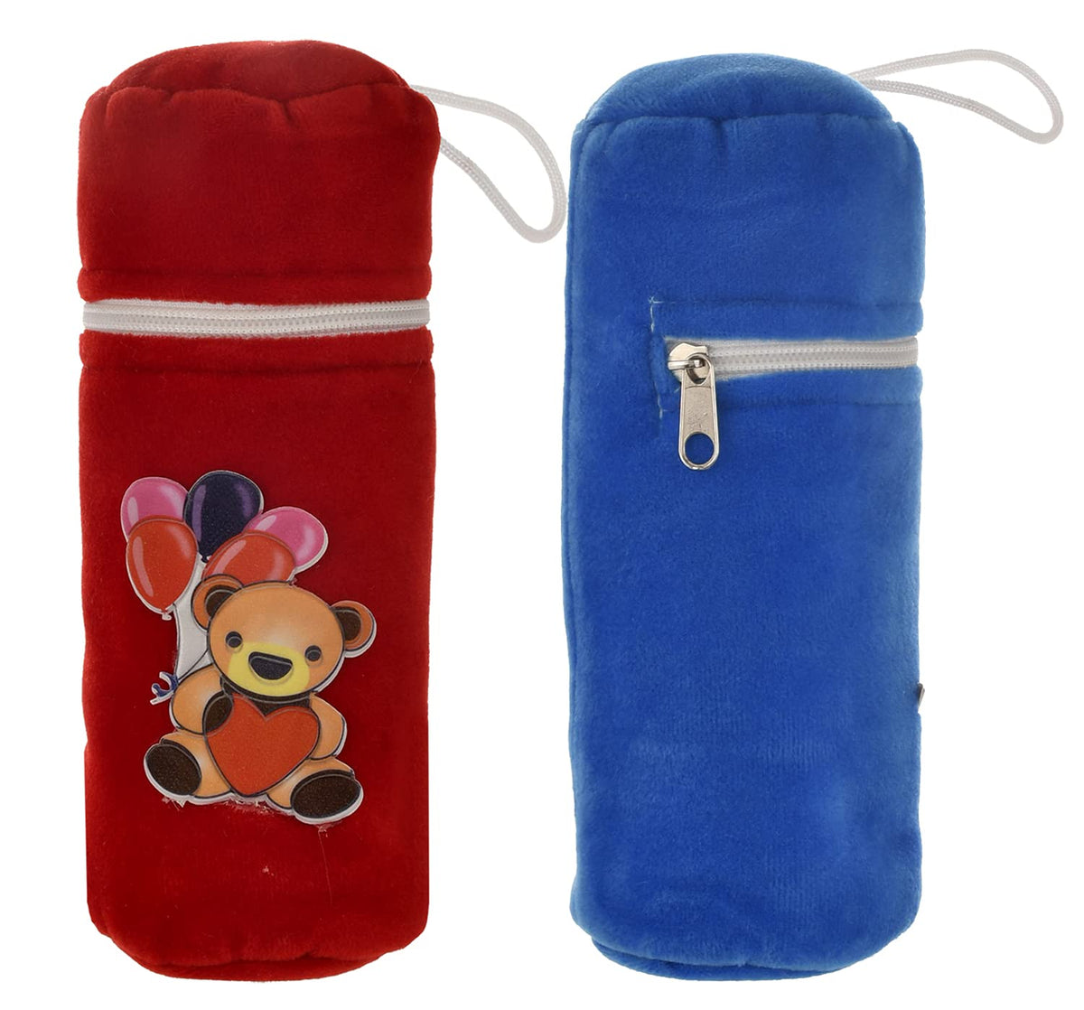 Kuber Industries Cartoon Printed Soft Velvet Stretchable Baby Feeding Bottle Cover With Easy to Hold Strap, Pack of 2 (Blue & Red)