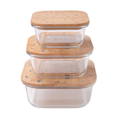 Heart Home Pack of 3 Borosilicate Glass Kitchen Containers with Bamboo Lid | 310ml 510ml 800ml | Airtight Square Fridge Storage Boxes | Glass Jars for Cereal, Dry Fruits | Happy Dance Print