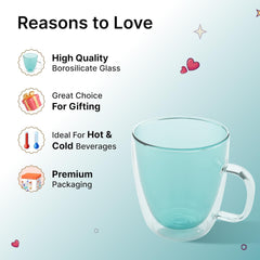 Kuber Industries 4 Pcs Glass Coffee Mugs | Borosilicate Double Walled Glass Mug | High Heat Resistant | Microwave and Dishwasher Safe | 400 ML | Pack of 2 | Green