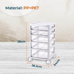 Kuber Industries 5 Layer Cosmetic Cabinet with Trolley|5-Tier Rolling Cart|Shelf Stand With Drawer|Pack of 5|White