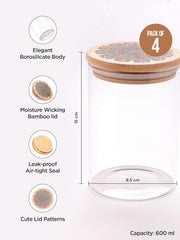 Kuber Industries Borosilicate Glass Jar with Printed Bamboo Lid|Kitchen Organizer Items and Storage|Multi-utility, Leakproof, Airtight Storage Jar for Cookies,Snacks,Tea,Coffee,Sugar|Pack of 4(600ml)