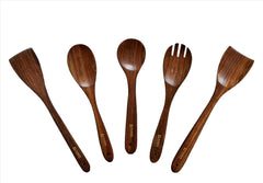 Kuber Industries Sheesham Handicrafts Wooden Serving and Cooking Spoons | No Harmful Polish | Naturally Non-Stick | Wood Brown Spoons Kitchen Utensil | Handmade Spatula Set of 5 (Pack of 4)