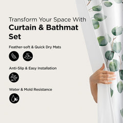Urbane Home 7 Feet Shower Curtain & 2 Pcs Bathmat I Anti Slip I Quick Dry I Waterproof I Easy-Slide Curtains I Bath Decor I Multicolour