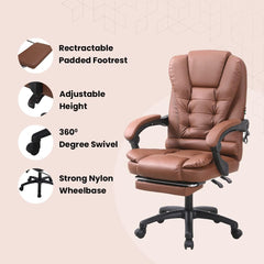 Kuber Industries Leather Office Chairs for Work From Home | Comes with Manual Height Adjustable, Armrest, Headrest & Lumbar Support | Comfy Chair for Students with Wheels & Footrest | Brown | 808M-BRN