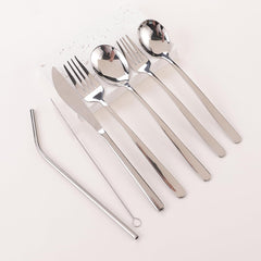 Kuber Industries 7 Pcs Utensil Set | Travel Camping Cutlery Set | Stainless Steel Flatware Set with Bag | Travel Organizer Utensil Set | Durable and Practical | Brown Cover