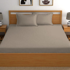 Heart Home Lining Design Cotton Double Bedsheet with 2 Pillow Covers, 90"x100" (Brown)-50HH01935