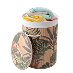 Kuber Industries Foldable Bamboo Laundry Basket For Clothes With Lid & Rope Handle | Eco Friendly Washing Clothes Bucket/Storage Box Organizer | BS016-Leaf Print - Natural Wooden Brown