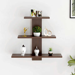 Kuber Industries Wooden Wall Shelf|Multipurpose Tree Shape Display Rack|Engineered Wood Mount 3 Tier Shelves For Office & Home Décor (Brown) (Pack Of 6)