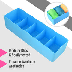 Heart Home Drawer Organizer | Plastic Undergarment Organizer for Socks-Ties | Stackable Drawer Divider Box | Closet Storage Box | 5 Grid Stationery Organizer | Pack of 2 | Blue