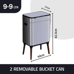 Urbane Home Sensor Dustbin | Dual Compartment Sensor Dustbin | Touchless Trash Can | Smart Dustbin for Bedroom-Office-Living Room | 2 Removable Bucket Can | YW-5522 | 9 LTR | Silver
