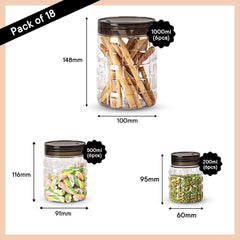 Kuber Industries Set of 18 Plastic Container Set | 1000ml, 500ml, 200ml I PET, Food Grade Plastic, 100% BPA Free | Airtight Container Set for Kitchen Storage |Small to Large, Transparent