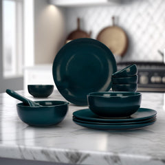 Kuber Industries 14 Pcs Ceramic Dinner Set | Dishwasher & Microwave Safe | Crockery Set for Dining & Gifting | 6 Pcs Dinner Plates & 2 Pcs Serving Bowl & 6 Pcs Bowl | Green