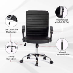 Kuber Industries Ergonomic Leather Office Chairs for Work From Home | Comes with Manual Height Adjustable, Armrest, Headrest & Lumbar Support | Comfy Study Chair for Students with Wheels | Black