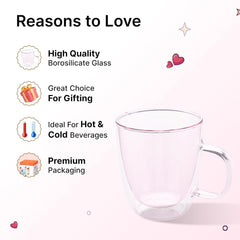Kuber Industries 8 Pcs Glass Coffee Mugs | Borosilicate Double Walled Glass Mug | High Heat Resistant | Microwave and Dishwasher Safe | 400 ML | Pack of 4 | Pink