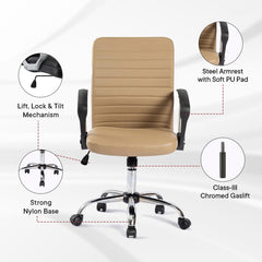 Kuber Industries Ergonomic Leather Office Chairs for Work From Home | Comes with Manual Height Adjustable, Armrest, Headrest & Lumbar Support | Comfy Study Chair for Students with Wheels | Beige
