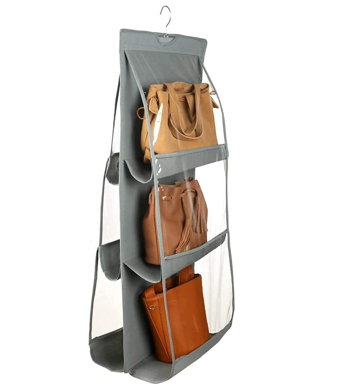 Kuber Industries Dust Proof Hanging Handbag Purse Clutch Organizer with 6 Large Compartments & Hanger (Grey), Cotton