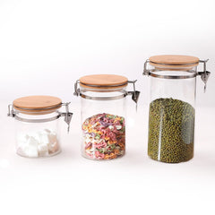 Kuber Industries Borosilicate Glass Jar with Bamboo Lid |Multi-utility | Leakproof | Airtight Storage Jar for Cookies, Snacks, Tea, Coffee, Sugar | Set of 3 (650ml, 1000ml, 1400ml)
