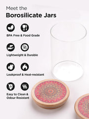 Urbane Home Borosilicate Glass Jar with Printed Bamboo Lid|Kitchen Organizer Items and Storage|Multi-utility, Leakproof, Airtight Storage Jar for Cookies,Snacks,Tea,Coffee,Sugar|Pack of 4(600ml)
