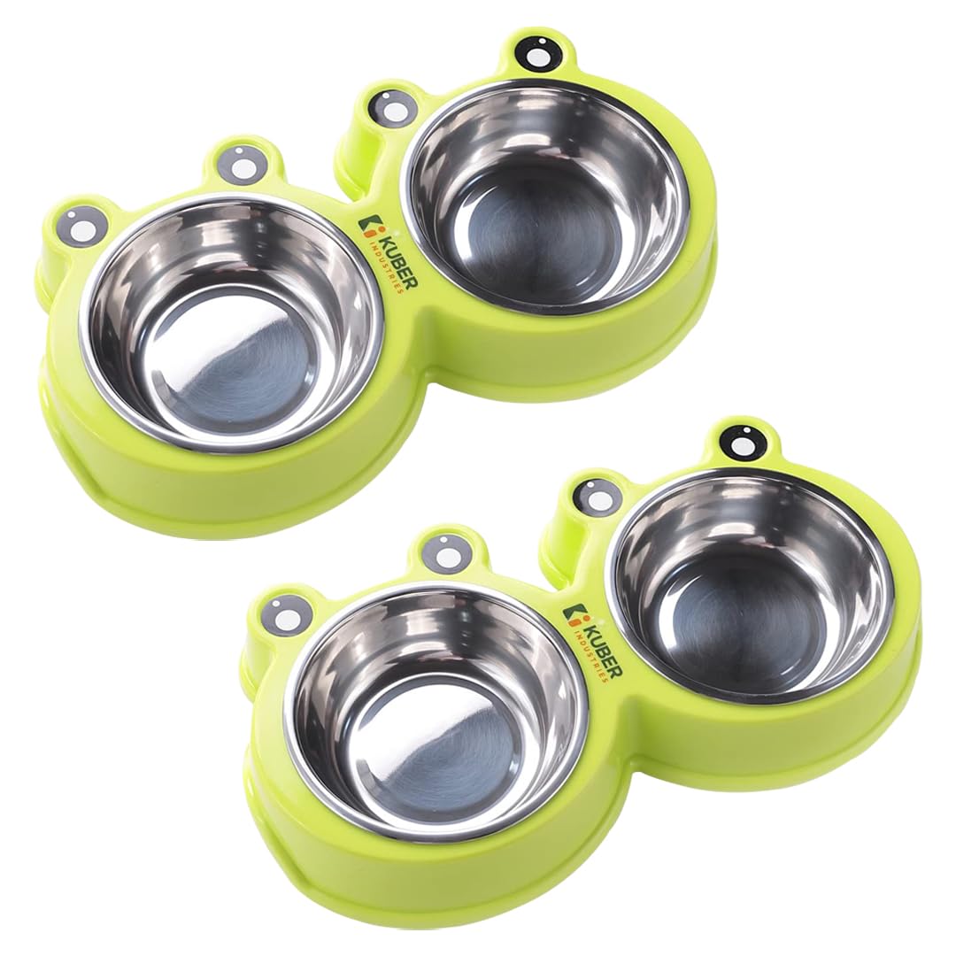 Kuber Industries Dog Food Bowl|Stainless Steel,PVC Material Dog Bowls|Non Slip,Durable,Sturdy,Non Toxic|Perfect Dog Accessories for Indoor & Outdoor Use|A1009G|Pack Of 2|Green
