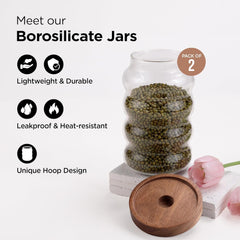 Urbane Home Borosilicate Glass Jar with Bamboo Lid | Kitchen Organizer Items & Storage | Multi-utility, Leakproof, Airtight Storage Jar for Cookies, Snacks, Tea, Coffee, Sugar | Set of 2 (700ml)