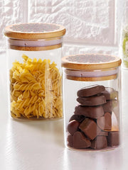 Homestic Borosilicate Glass Jar with Printed Bamboo Lid|Kitchen Organizer Items and Storage|Multi-utility, Leakproof, Airtight Storage Jar for Cookies,Snacks,Tea,Coffee,Sugar|Pack of 2(600ml)