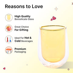 Kuber Industries 2 Pcs Double Walled Borosilicate Glass | High Thermal Resistance | Microwave & Dishwasher Safe | 190 ML | Pack of 1 | Yellow