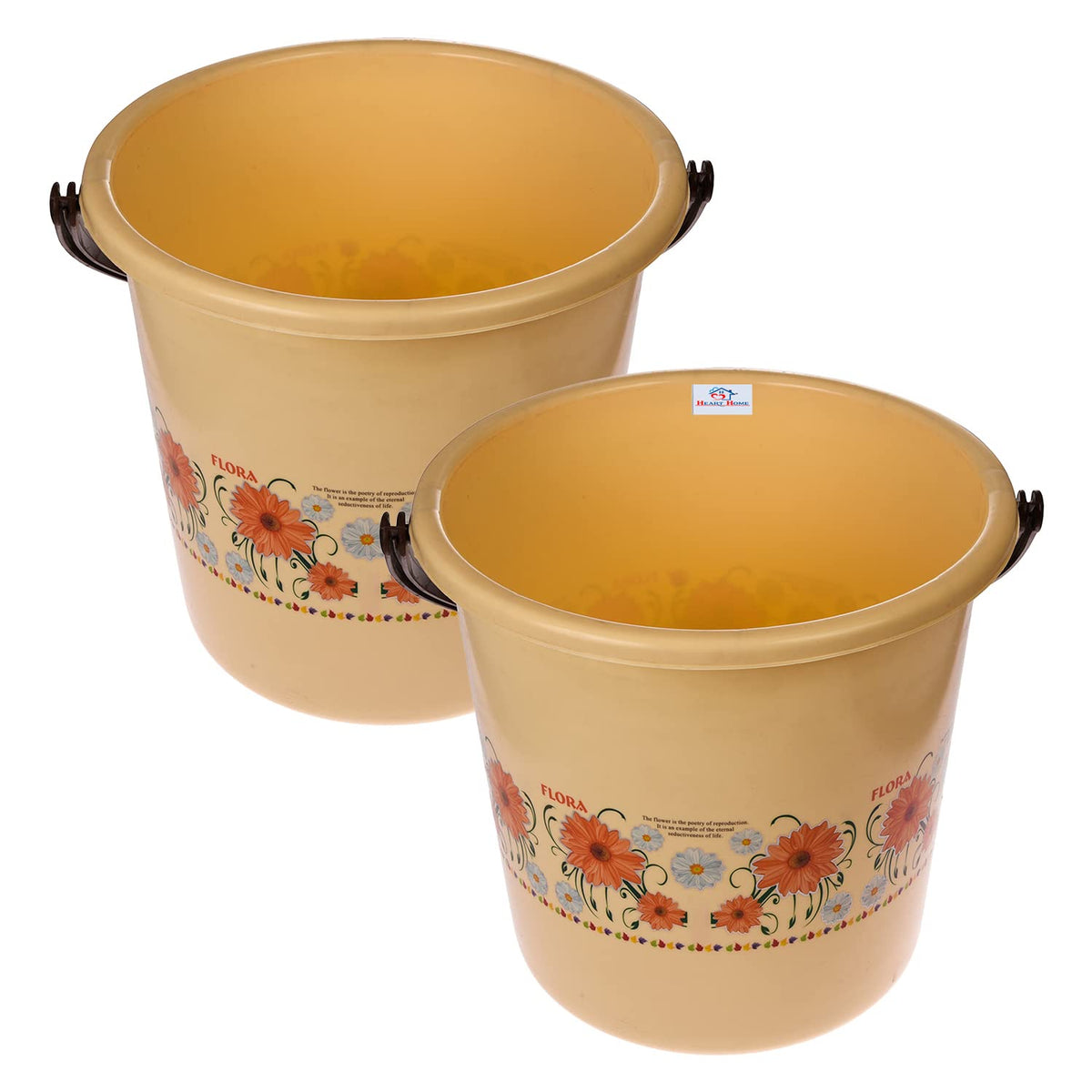 Heart Home Bucket|Plastic Bucket for Bathroom|Bucket for Bathing|Unbreakable Printed Bucket with Handle|18 Liter|Pack of 2 (Cream)