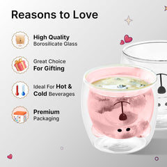 Kuber Industries 2 Pcs Cute Teddy Bear Cups | Borosilicate Double Wall Glass Cups | Microwave Safe | Heat Resistant | Scratch Proof | 250 ML | Pack of 1 | Pink