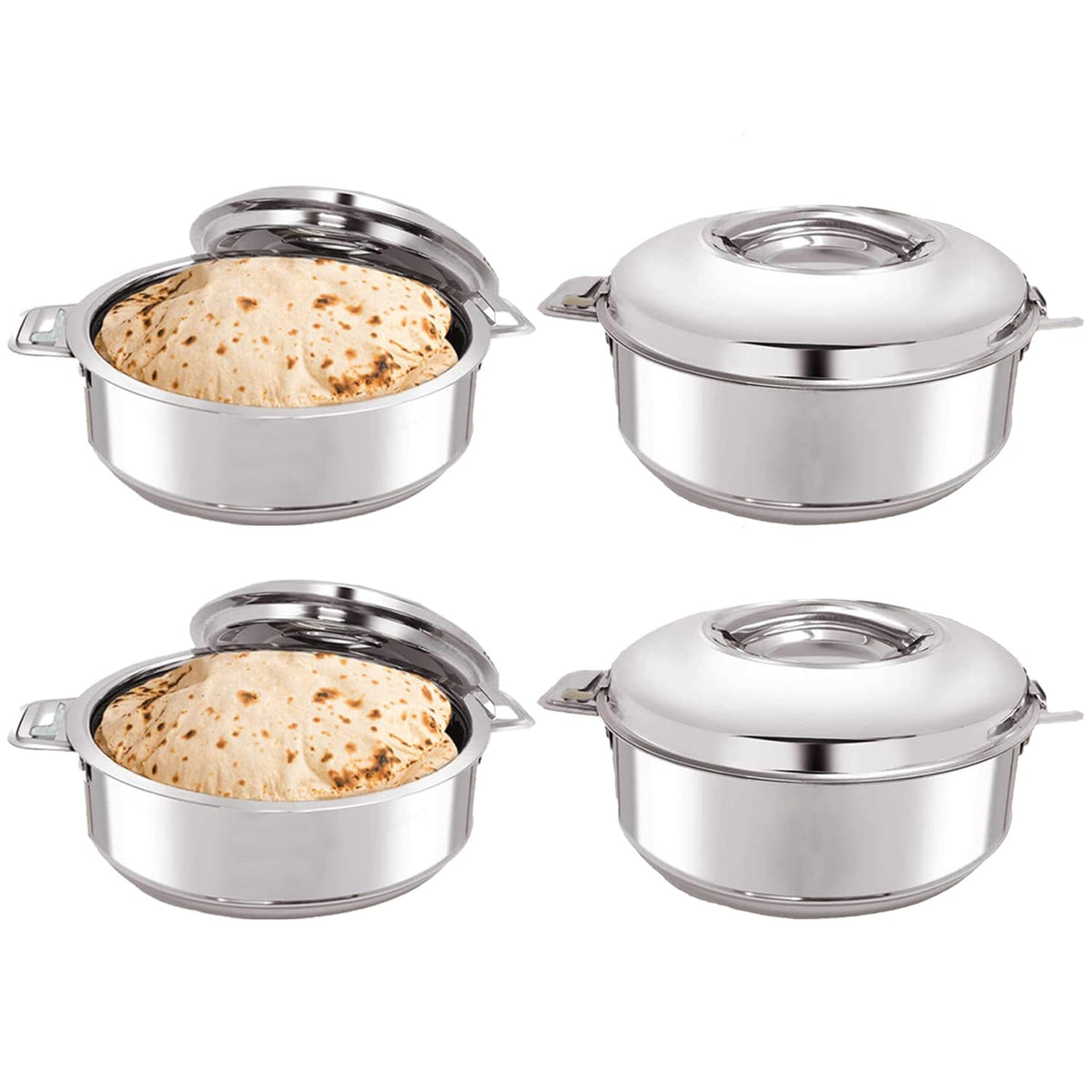 Kuber Industries Stainless Steel Casserole/Chapati Box|2000 ML Chapati Box with Easy Lock Mechanism|Garam Puri & Roti Hot Box|Double Walled Heat Retention for Upto 8 hrs|Heavy Duty Gauge (Pack of 4)