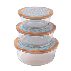 Kuber Industries Pack of 3 Borosilicate Glass Kitchen Containers with Bamboo Lid | 390ml 620ml 960ml | Airtight Round Fridge Storage Boxes |Kitchen accessories items | Dandy Daisies Print