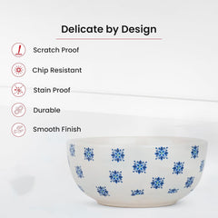 Kuber Industries Ceramic Food Bowl Set | Chini Mitti Bowl | Microwave, Dishwasher Safe Ceramic Bowl | Blue Flower Print - White