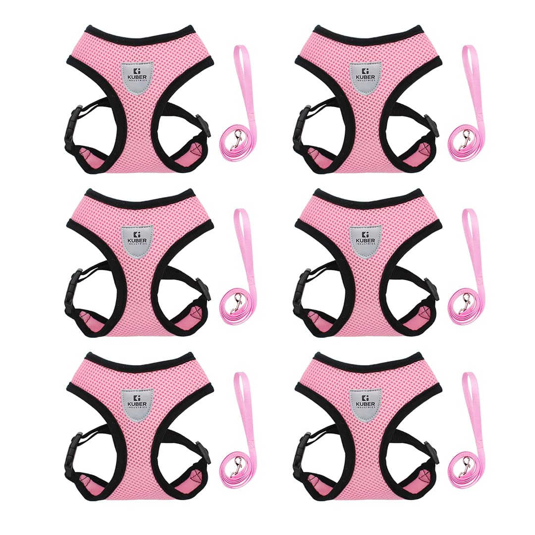 Kuber Industries Reflective Dog Harness with Adjustable Leash|Breathable Polyester Mesh Fabric with Top carry Handle|Large Size|HAT-818|Comfortable No-Pull Grip|Quick Release Buckles|Pink (Pack of 6)