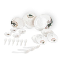 Heart Home 32 Pieces Round Melamine Microwave & Dishwasher Safe Dinnerware Kitchen Crockery Set | Glossy Dinner Sets & Kitchen Set for Home | Stylon Blue Vector Flower - White