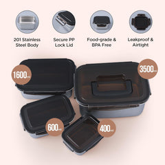 Heart Home Stainless Steel Kitchen Containers With Lid Set of 4-400ml, 600ml, 1600ml & 3500ml | Multipurpose Air Tight Food Storage Containers And Lunch Boxes For Office, School, College