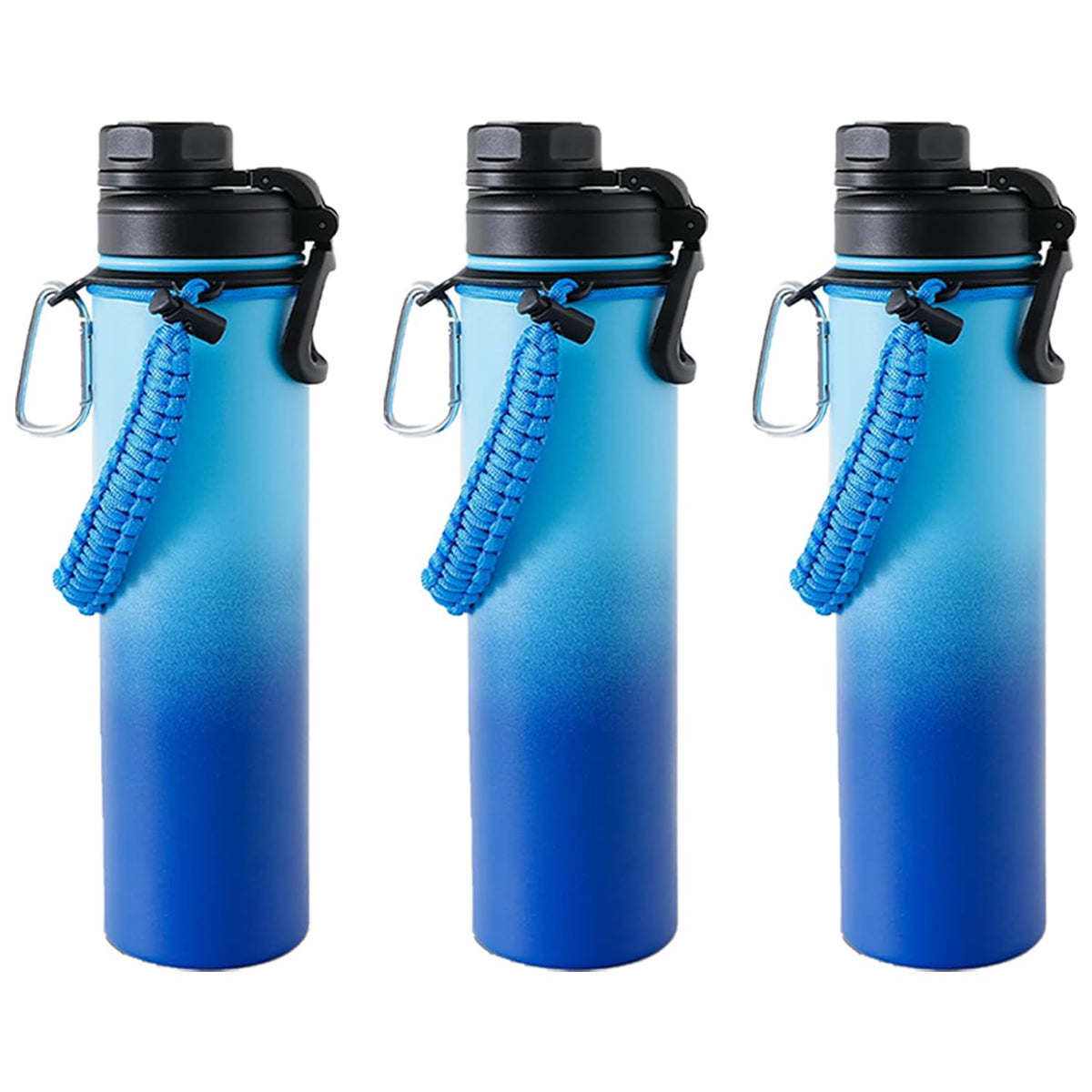 Kuber Industries Water Bottle | Steel Water Bottle for Daily Use | Vacuum Insulated Flask Water Bottle with Rope | Hot & Cold Water Bottle | 720 ML | LX-230604 | Pack of 3 | Aqua Blue