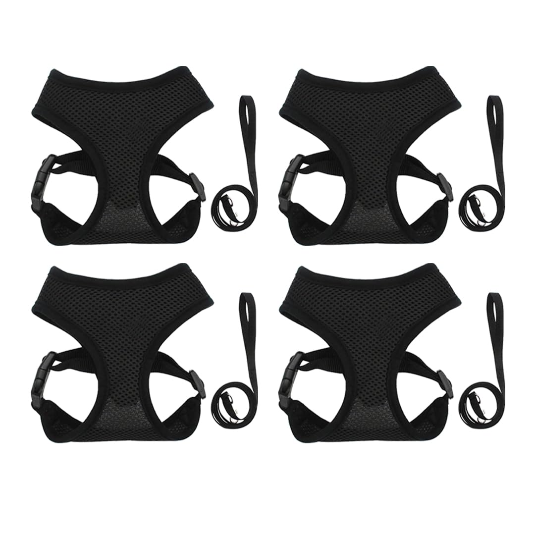 Kuber Industries Reflective Dog Harness With Adjustable Leash|Breathable Polyester Mesh Fabric With Top carry Handle|Medium Size|HAT-818|Comfortable No-Pull Grip|QuickRelease Buckles|Black (Pack Of 4)