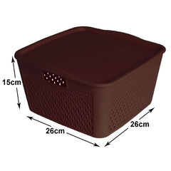 Heart Home Netted Design Unbreakable Multipurpose Square Shape Plastic Storage Baskets with lid Large Pack of 3 (Brown)
