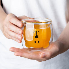 Urbane Home 2 Pcs Cute Teddy Bear Cups | Borosilicate Double Wall Glass Cups | Microwave Safe | Heat Resistant | Scratch Proof | 250 ML | Pack of 1 | Transparent