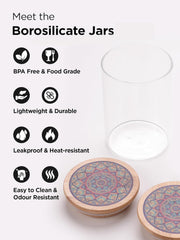 Urbane Home Borosilicate Glass Jar with Printed Bamboo Lid|Kitchen Organizer Items and Storage|Multi-utility, Leakproof, Airtight Storage Jar for Cookies,Snacks,Tea,Coffee,Sugar|Pack of 4(600ml)